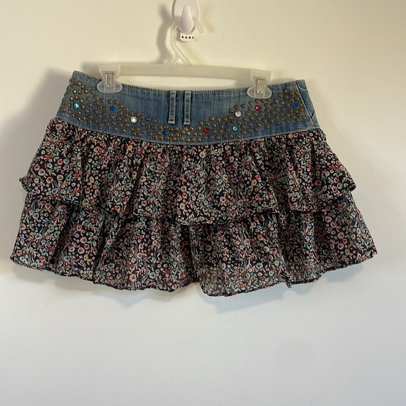 Y2K Western Ruffle Mini Skirt 6 Jean Floral Jewel Stud Express Denim 00s Baby - Picture 11 of 16